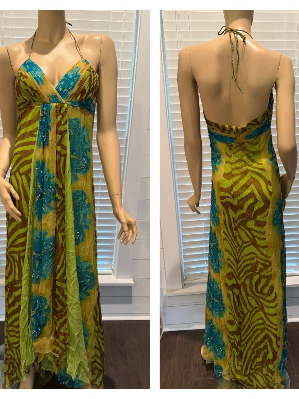 Sue Wong Y2K Silk Halter Dress Long Maxi Evening Gown Shimmer Green Blue Prom B